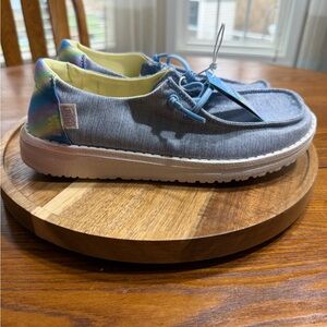 Hey Dude Kids Slip-On Shoes in Light Blue witu Sparkles and Rainbow Heels